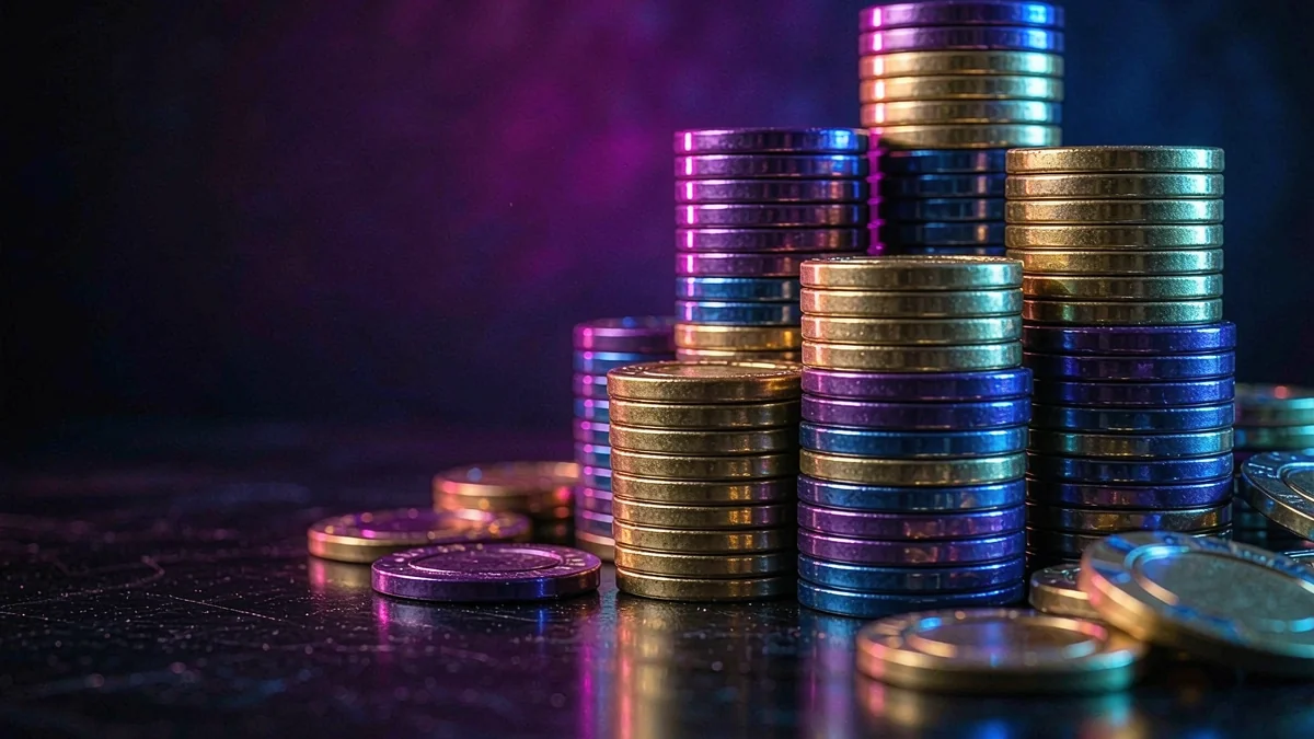 Stacks of colorful casino chips on a dark surface